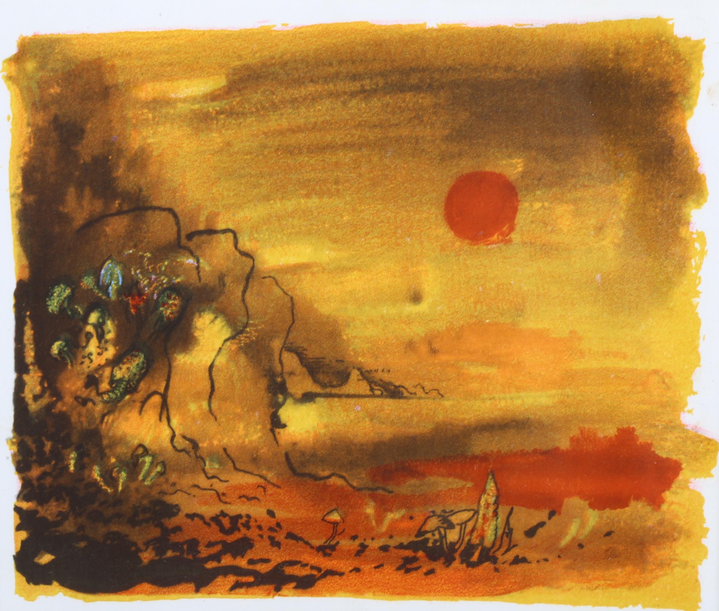 John Piper (1903-1992), drawing lithographed in colours on paper, Sun, from The Traveller, 13.5cm