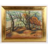 Attributed to Hugo Scheiber (1873-1950), pastel on paper, The House on the Hill, monogrammed, 28.5cm