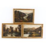 George Willis Pryce (1866 - 1949), set of 3 oils on canvas, extensive landscapes, 21cm x 30cm,