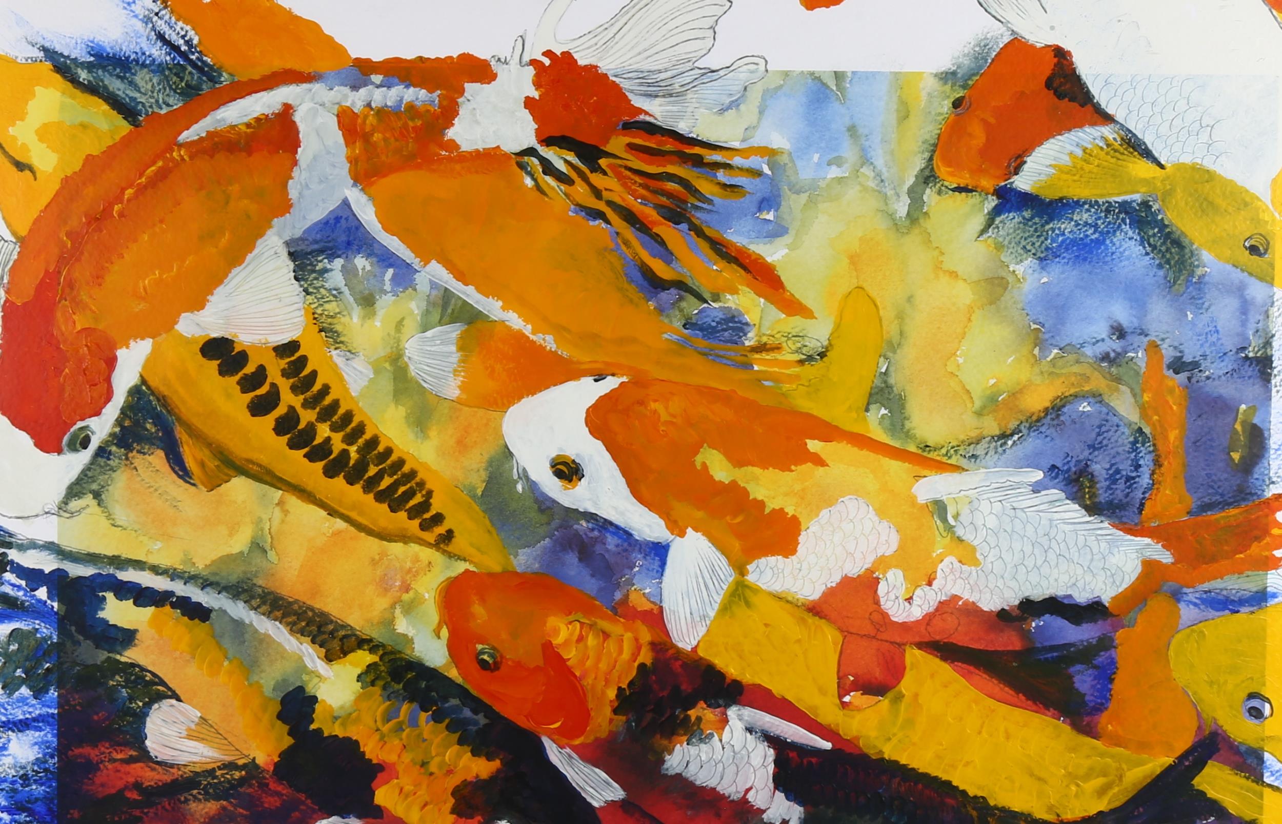 Clive Fredriksson, acrylic/pencil, Koi carp, framed, overall frame dimensions 65cm x 87cm Good - Image 2 of 4