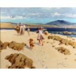 John Haskins, oil on board, beach scene, signed, 48cm x 59cm, framed, together with original gilt-