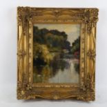 M Watling, oil on panel, view across a pond, signed, 25cm x 20cm, framed Good condition