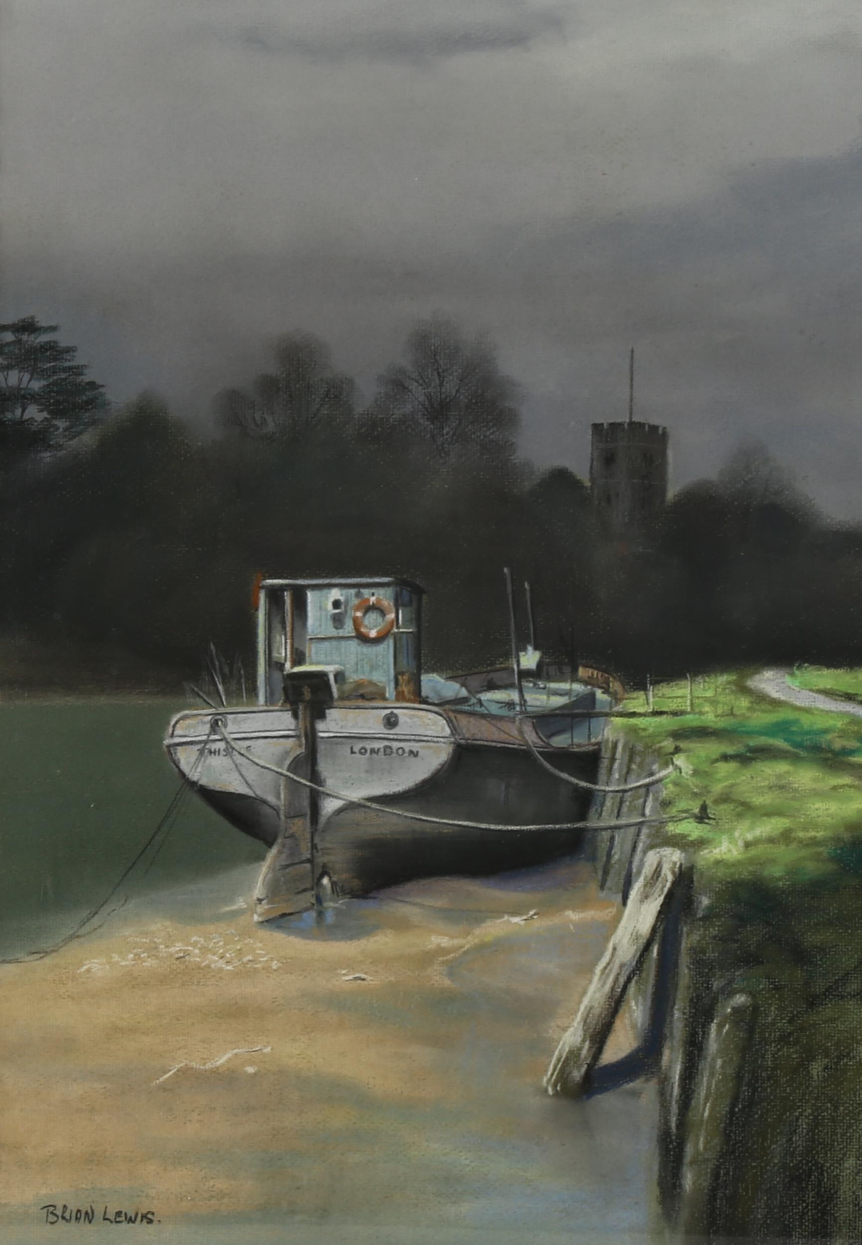 Brian Lewis, coloured pastels, moored barge, 50cm x 35cm, framed Good condition - Image 2 of 4