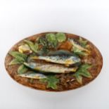 19th century faience pottery dish with applied fish frogs and shells, no factory marks, length