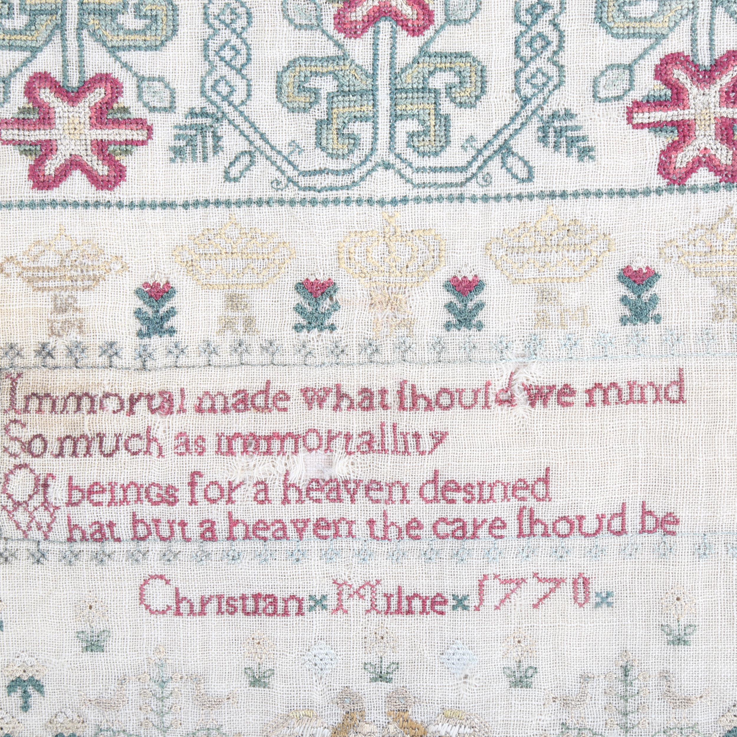 An 18th century needlework sampler, by Christian Milne 1770, 30cm x 26cm Several small holes in - Image 3 of 3