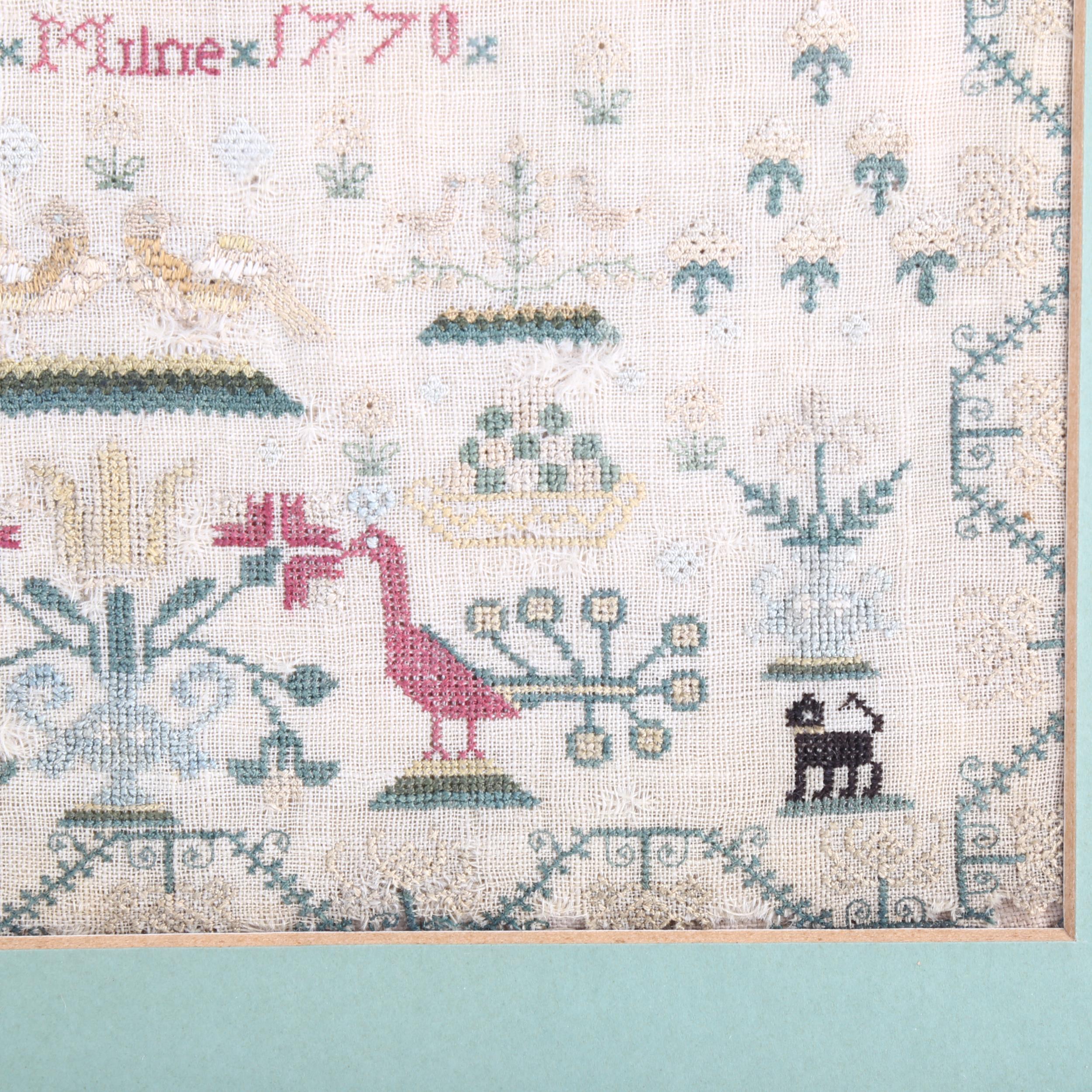 An 18th century needlework sampler, by Christian Milne 1770, 30cm x 26cm Several small holes in - Image 2 of 3
