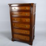 A 19th century narrow oak chest of 6 drawers with burr-oak drawer fronts, panelled sides, fluted