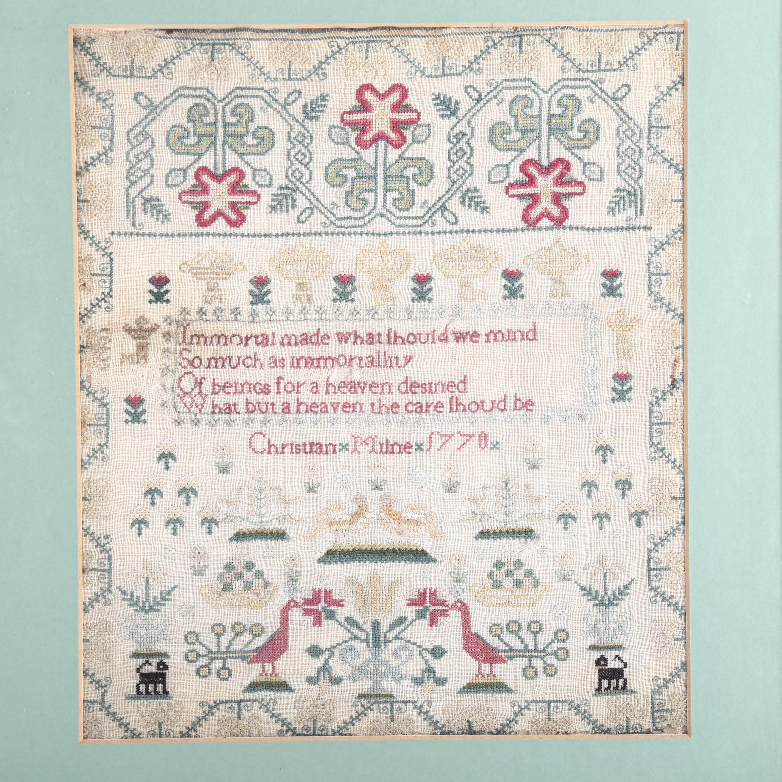 An 18th century needlework sampler, by Christian Milne 1770, 30cm x 26cm Several small holes in