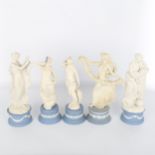 A group of 5 Wedgwood blue and white bisque porcelain Classical figures, largest height 27cm (5) All