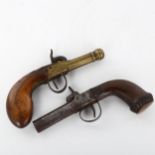 2 x 19th century percussion pistols, 1 with brass barrel, length 17cm, both unnamed Brass barrel