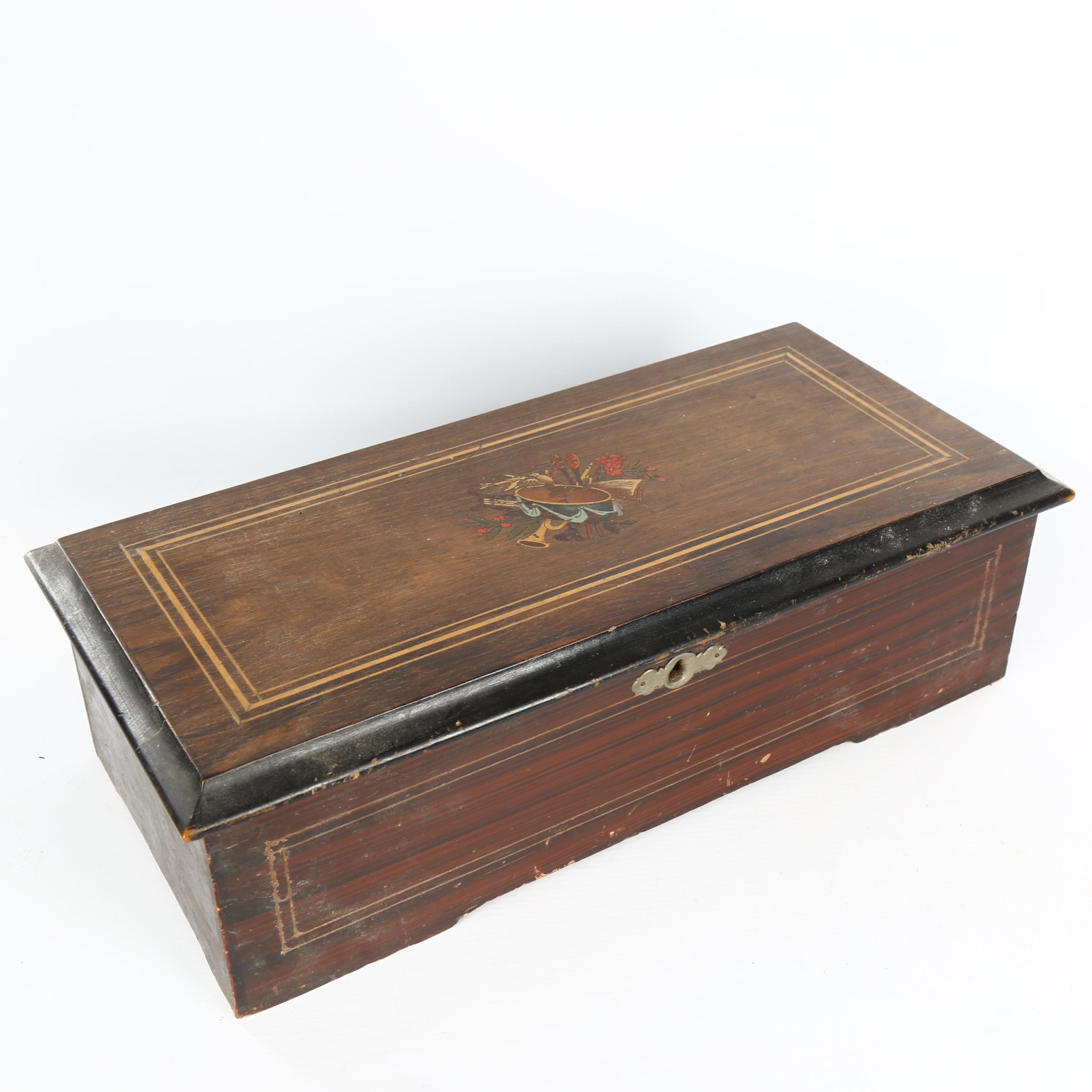 A Swiss rosewood musical box, playing 8 airs on a 15cm cylinder, transfer decorated lid with - Image 3 of 3