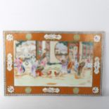 A Chinese rectangular porcelain plaque, hand painted detailed interior scenes depicting a family and