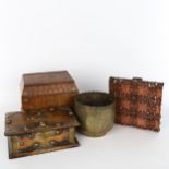 A group of Indian boxes and metalware, including an Indian hardwood and brass marquetry inlaid