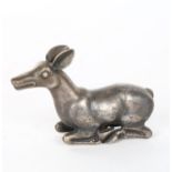 Indian unmarked white metal recumbent deer, probably 18th or 19th century, length 10cm,