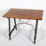 A Spanish stretcher table, walnut tortoiseshell and boxwood inlay, on ebonised bobbin turned