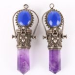 A pair of silver and amethyst crystal drop scent bottle earrings, with concealed inner