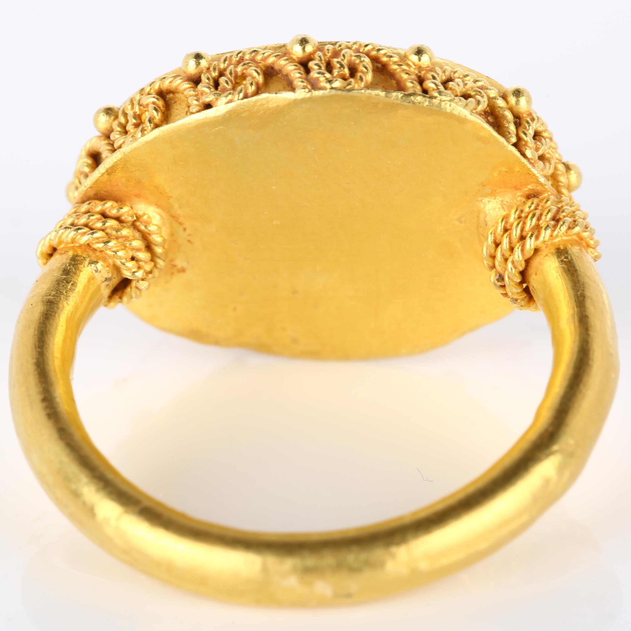 A Victorian style seal ring, unmarked high carat gold settings with wirework surround and intaglio - Image 3 of 4