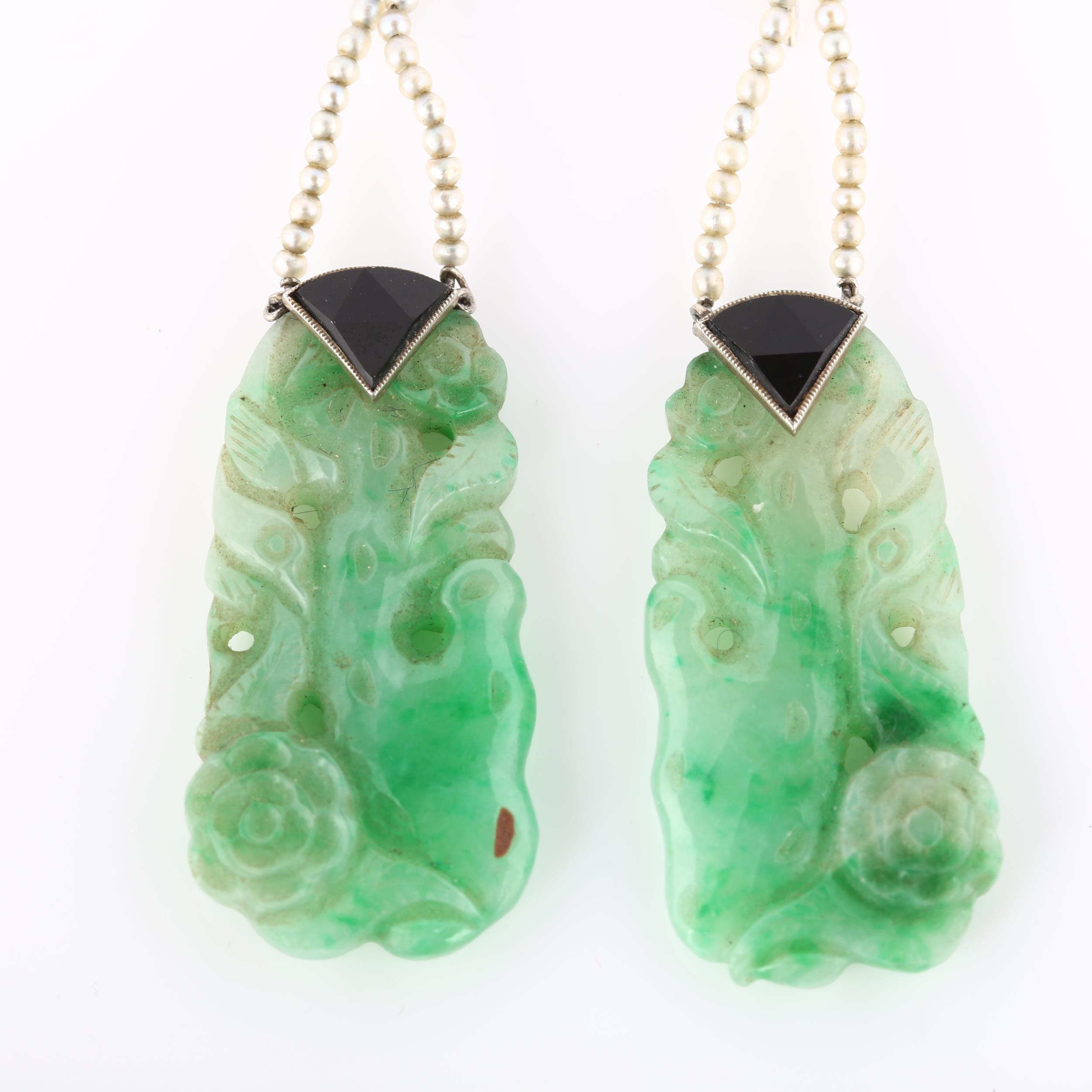 A pair of Art Deco jade onyx and seed pearl drop earrings, with carved and polished jade panels - Image 2 of 4