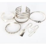 5 Continental silver bangles, and a pendant necklace, makers include Niels Erik From, 156.6g