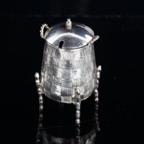 A Chinese export silver basket mustard pot, circa 1900, by Wang Hing of Canton, with blue glass