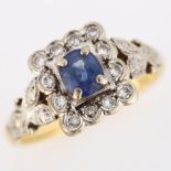 An Art Deco style 18ct gold sapphire and diamond square cluster ring, set with oval mixed-cut