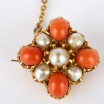 A 19th century coral and pearl brooch, unmarked gold quatrefoil settings, brooch length 22.1mm, 7g