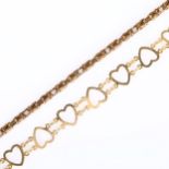 2 x 9ct gold bracelets, comprising bird cage and heart links, lengths 22cm and 18ct respectively,