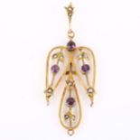 An Edwardian 9ct gold amethyst and pearl angel openwork pendant, set with round-cut amethyst and