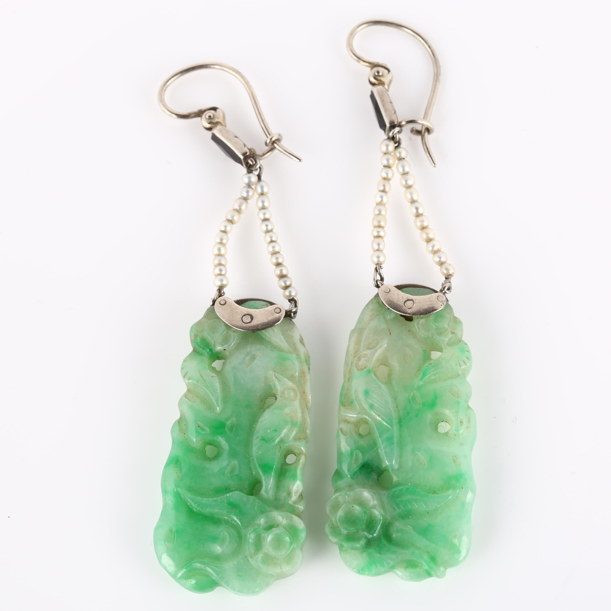 A pair of Art Deco jade onyx and seed pearl drop earrings, with carved and polished jade panels - Image 3 of 4