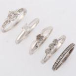 5 x 9ct white gold diamond rings, sizes L, N x 2, O and Q, 9.6g total (5) No damage or repairs,