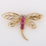 A miniature 9ct gold ruby and diamond figural dragonfly brooch, wingspan 26mm, 1.1g No damage or