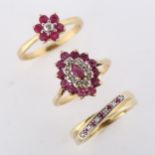 3 x 9ct gold ruby and diamond dress rings, sizes N x 2, and P, 7.6g total (3) No damage or