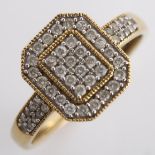 A modern 9ct gold diamond cluster panel ring, set with modern round brilliant-cut diamonds, total