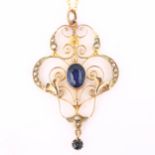 An Edwardian Art Nouveau 9ct gold stone set openwork pendant necklace, set with oval mixed-cut