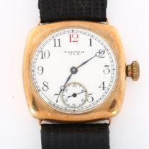 WALTHAM - an early 20th century 9ct rose gold cushion-cased mechanical wristwatch, circa 1920s,