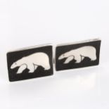 JENS TAGE HANSEN - a pair of Danish modernist sterling silver and black enamel polar bear cufflinks,