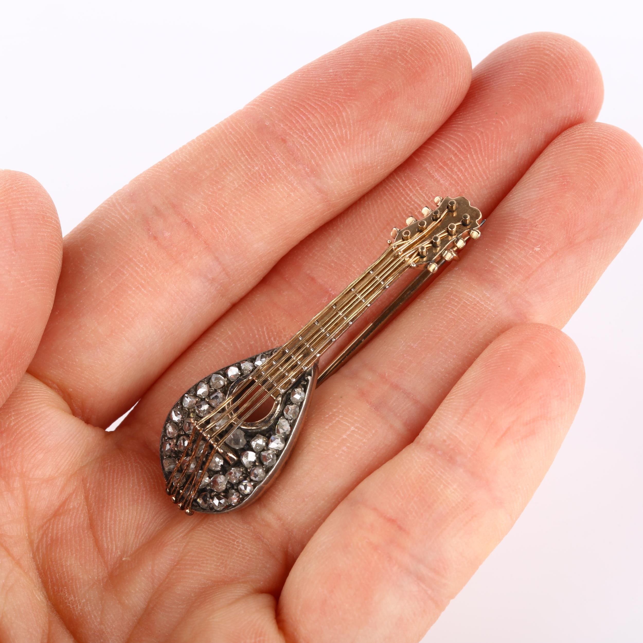 An Antique novelty diamond mandolin musical instrument brooch, circa 1900, unmarked rose gold and - Image 4 of 4