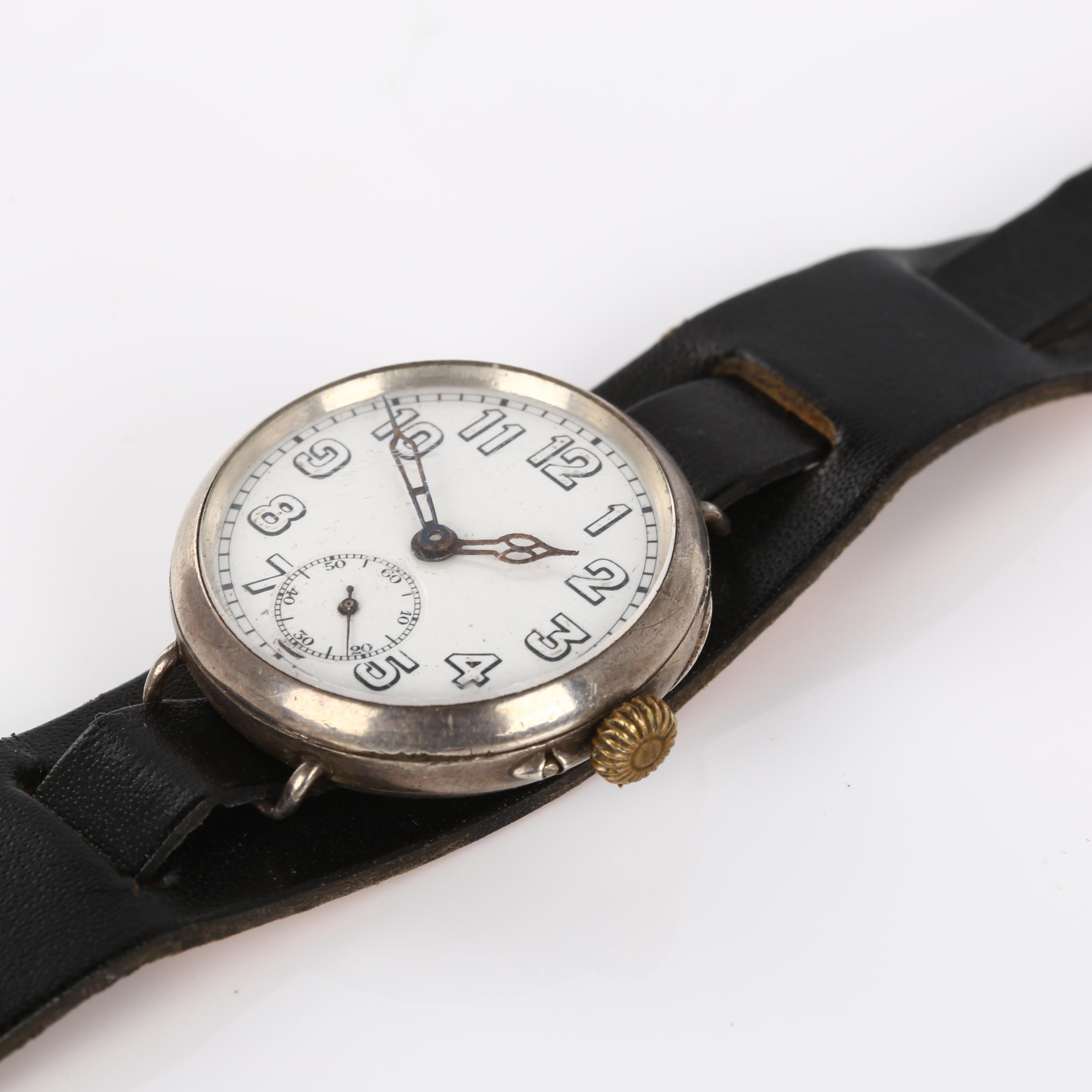 A First World War Period silver Officer's mechanical wristwatch, circa 1914, white dial with - Image 3 of 5