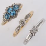 3 x 9ct gold dress rings, sizes M, P and R, 6.4g total (3) No damage or repairs, all stones present