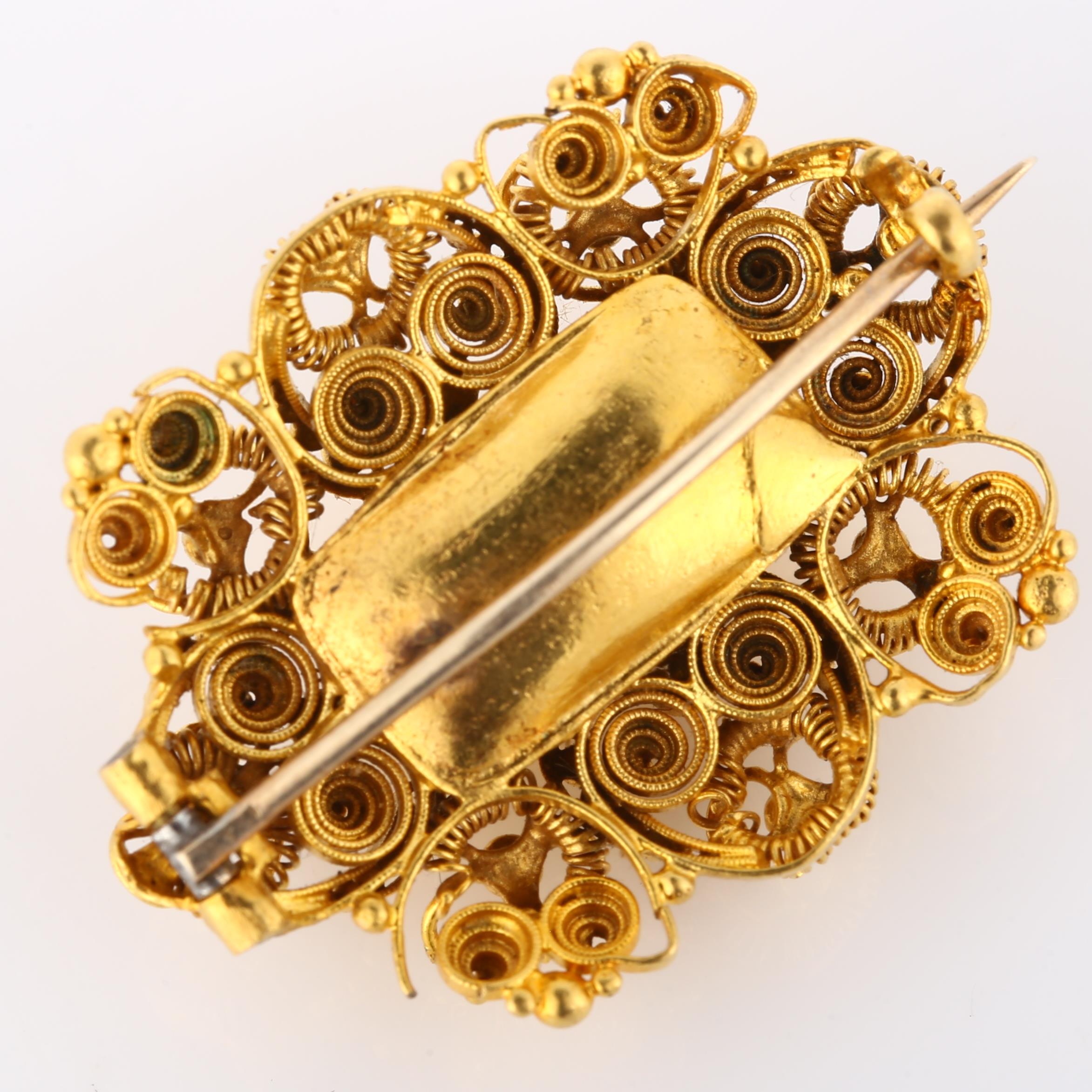 A Victorian Etruscan Revival brooch, unmarked gold settings with cannetille decoration, brooch - Image 3 of 4