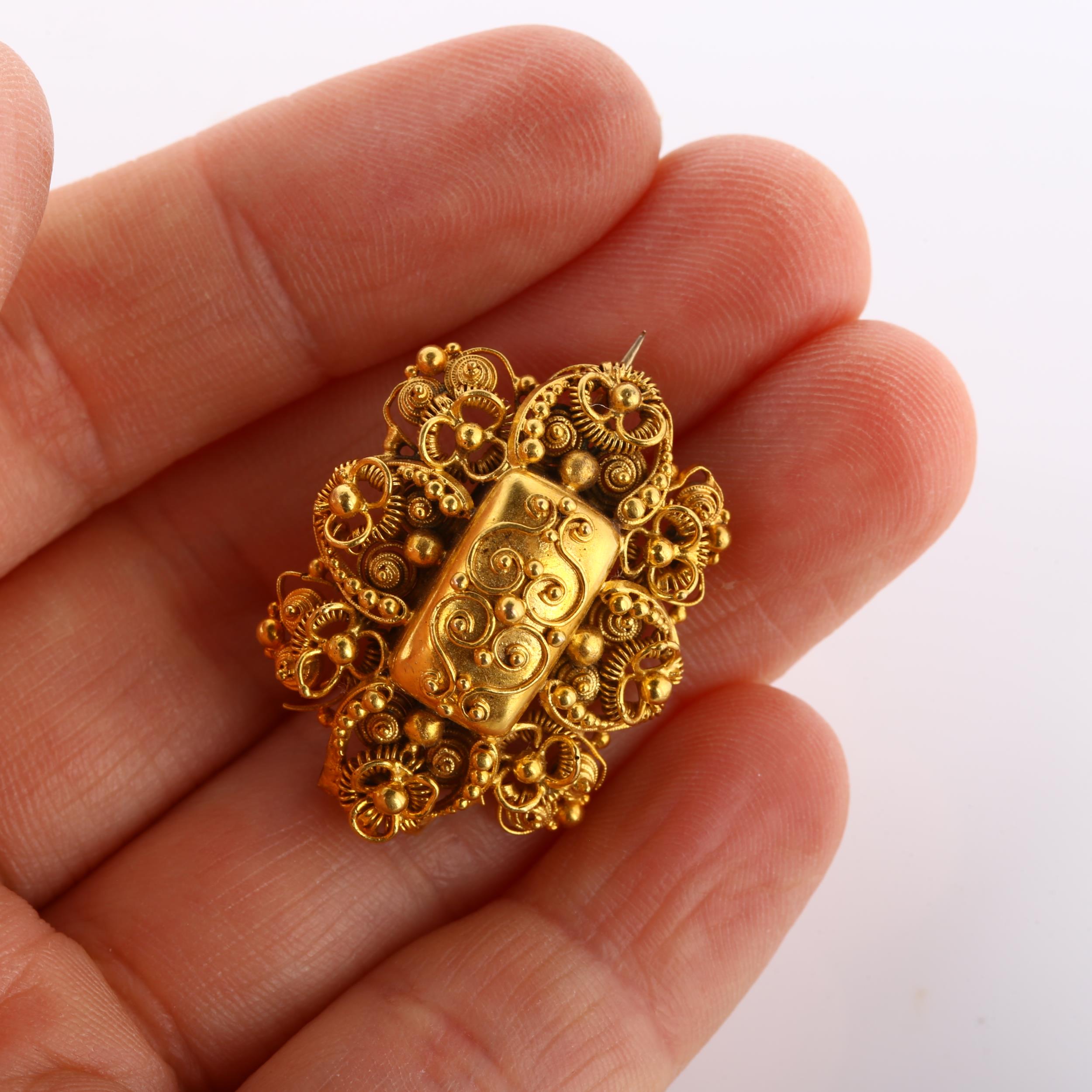 A Victorian Etruscan Revival brooch, unmarked gold settings with cannetille decoration, brooch - Image 4 of 4