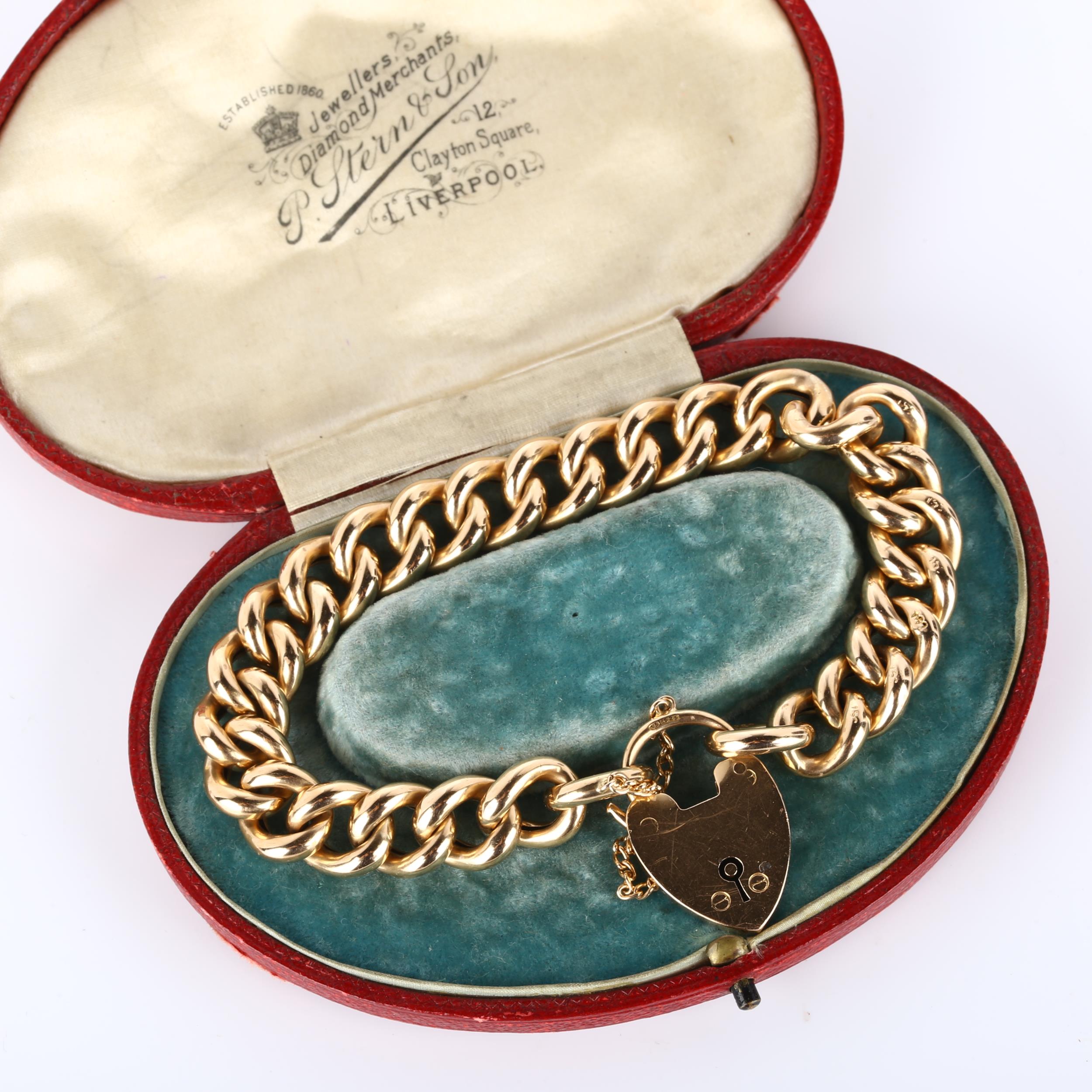 An early 20th century 15ct gold hollow curb link bracelet, with heart padlock clasp, maker's marks W - Image 4 of 4