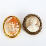 2 x 19th century shell cameo brooches, unmarked yellow metal frames, largest height 56.5mm, 38.9g