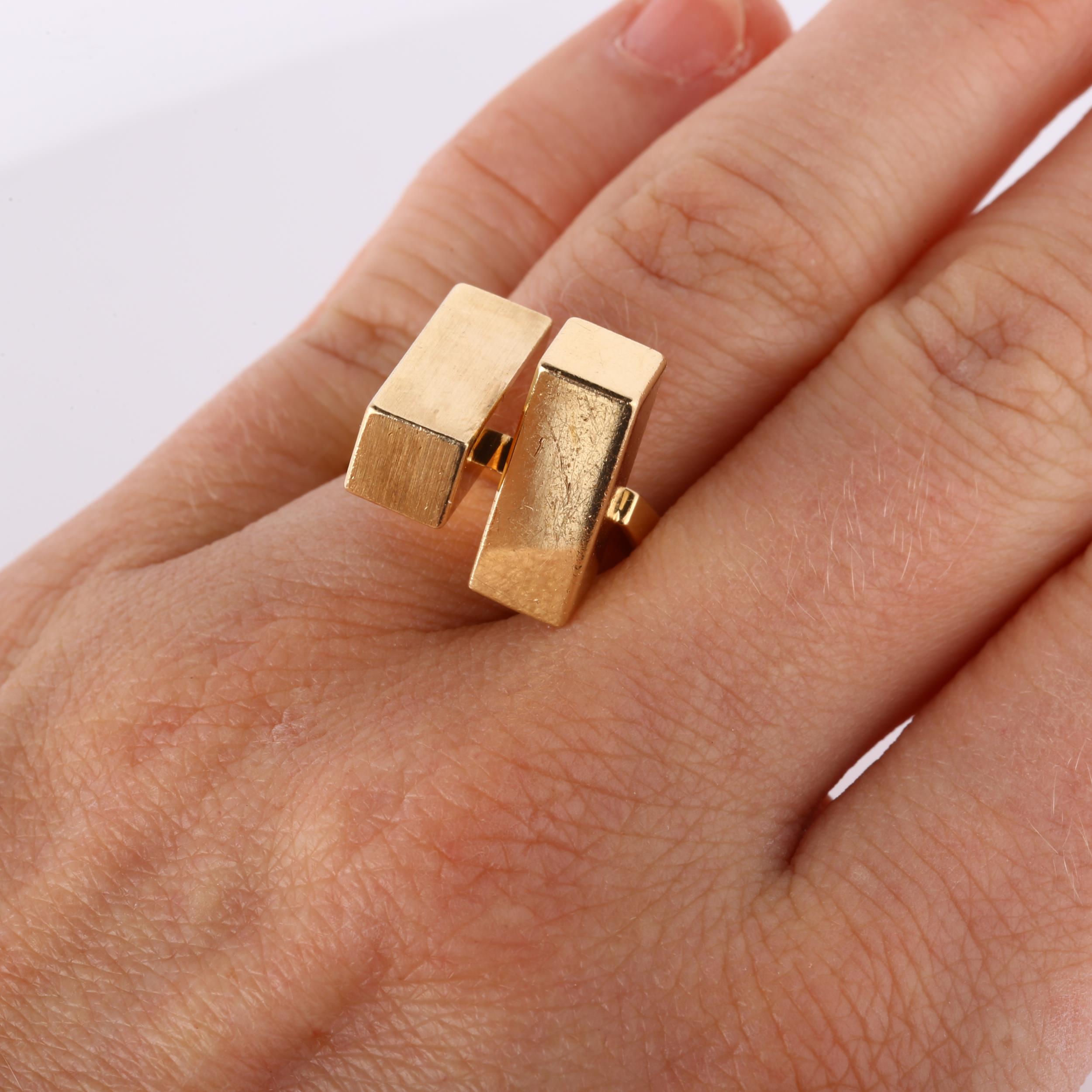 HANS HANSEN - a 1970s Danish 14ct gold geometric abstract ring, set with 2 offset cuboid blocks, - Image 4 of 4