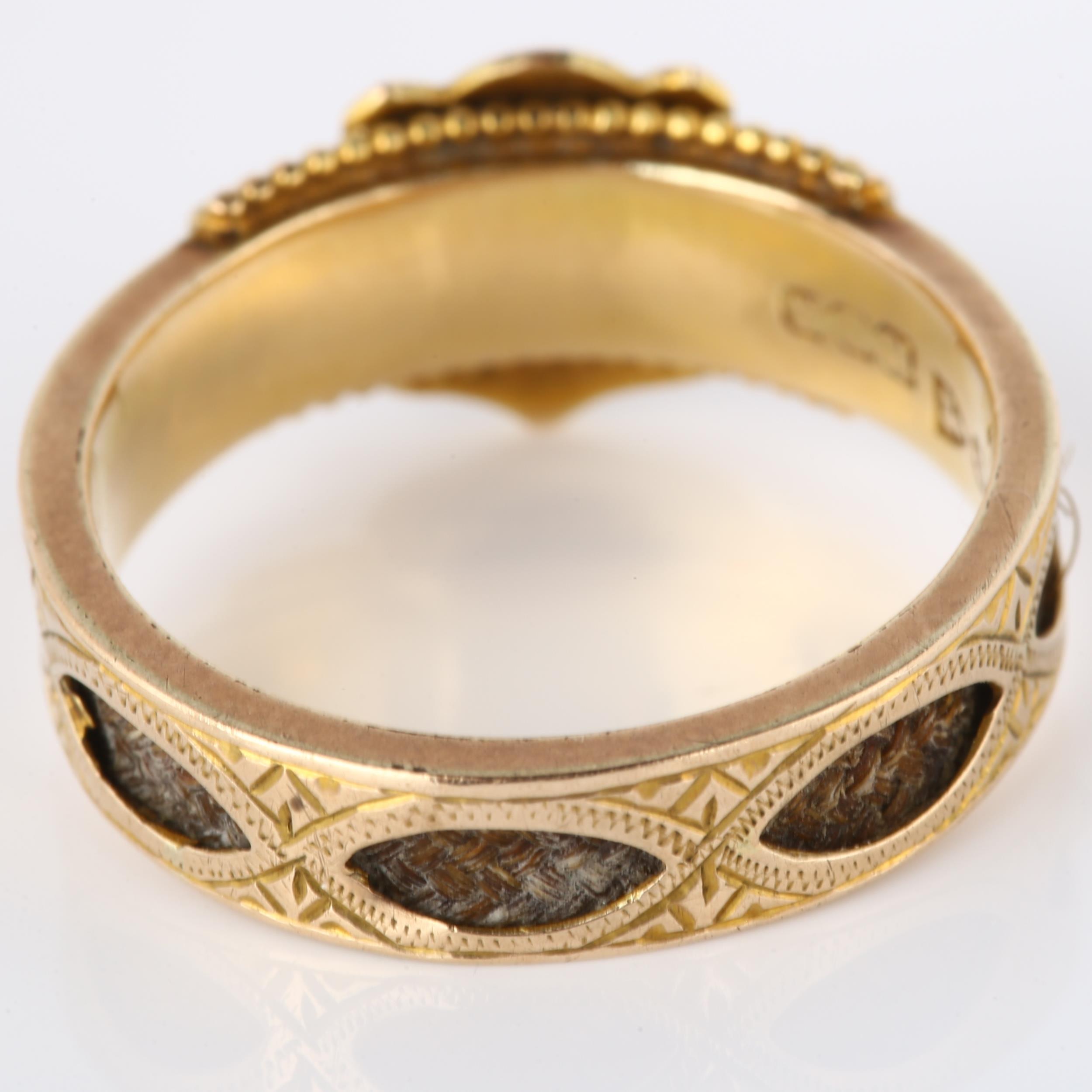 A 9ct gold pearl, black enamel and hair mourning ring, with inset woven hair shank and central - Image 2 of 4