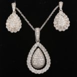 A 9ct white gold diamond pear-cluster matching pendant necklace and earring set, set with modern