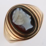 A 9ct gold hardstone cameo ring, relief carved depicting female profile, setting height 18.2mm, size