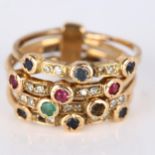 A Turkish multi-band gem set Harem ring, composed of 4 separate bands joined at the shank, gemstones