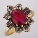 A late 20th century synthetic ruby and diamond cluster ring, unmarked gold settings with oval