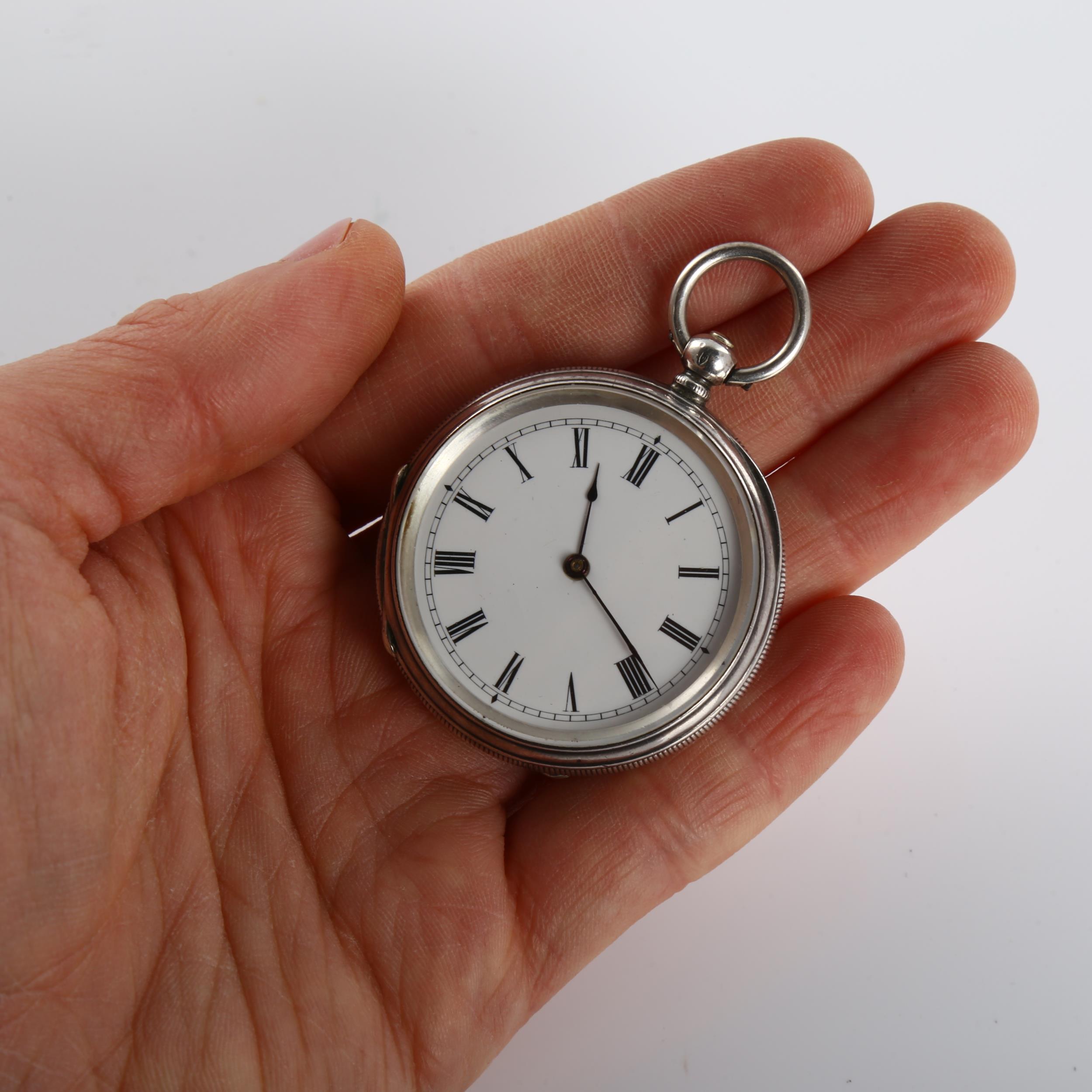 A Swiss sterling silver open-face key-wind pocket watch, white enamel dial with Roman numeral hour - Bild 5 aus 5